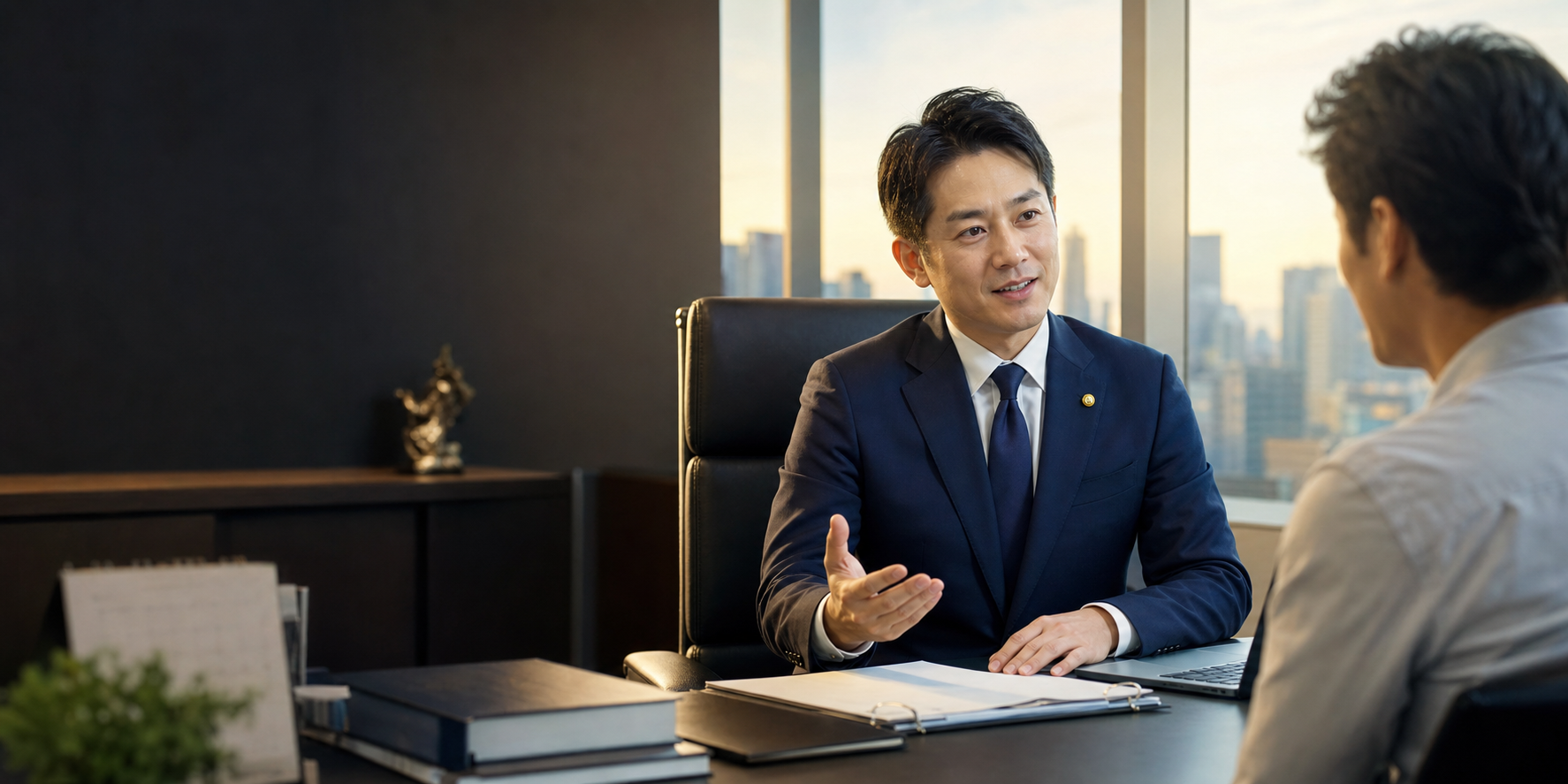 社労士が経営者と相談している信頼感のあるオフィス風景